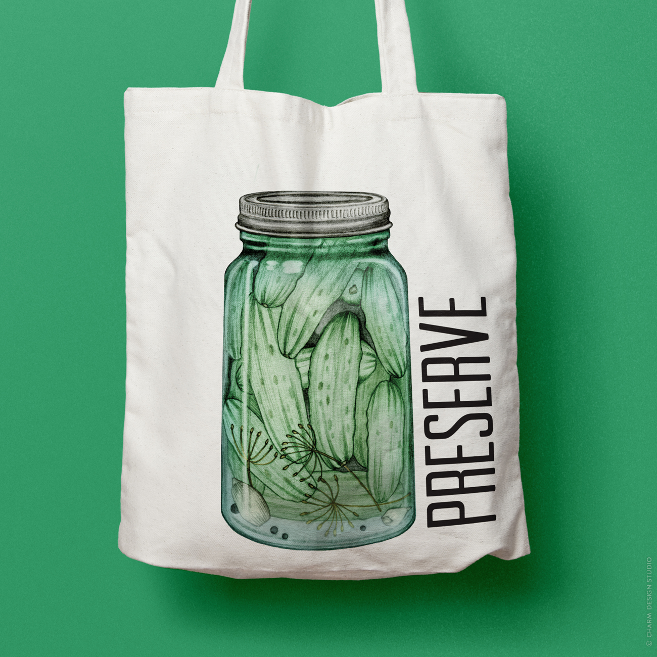 A Little Bit Crunchy pickle tote bag; © Charm Design Studio