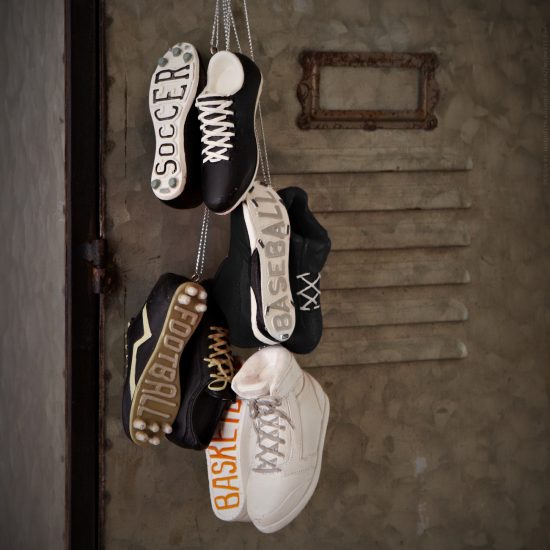 Styled shoot of Specialty Ornaments Athletic Shoes ornaments designed by Jacquelyn Arends; © Ganz/Midwest-CBK 2019