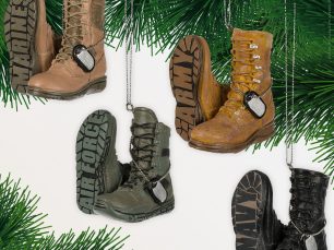 Specialty Ornaments Military Boot ornaments designed by Jacquelyn Arends; © Ganz/Midwest-CBK 2018