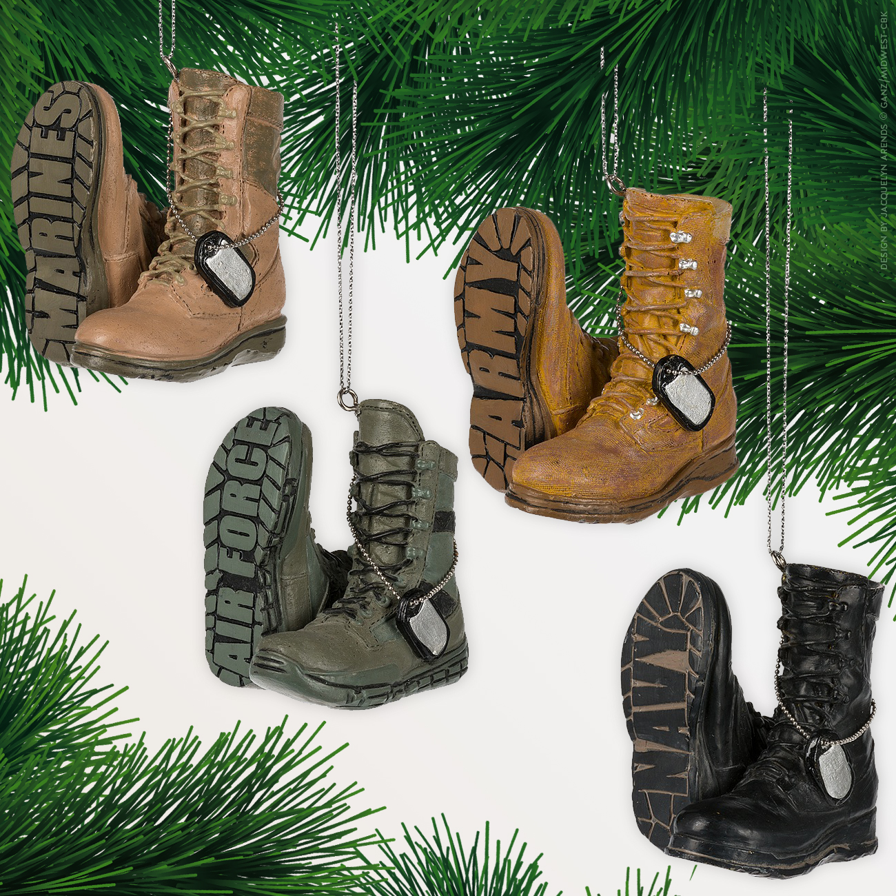 Specialty Ornaments Military Boot ornaments designed by Jacquelyn Arends; © Ganz/Midwest-CBK 2018