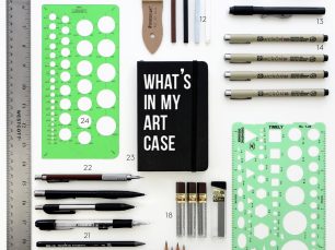 Styled flat lay image of art supplies for blog post; © Jacquelyn Arends