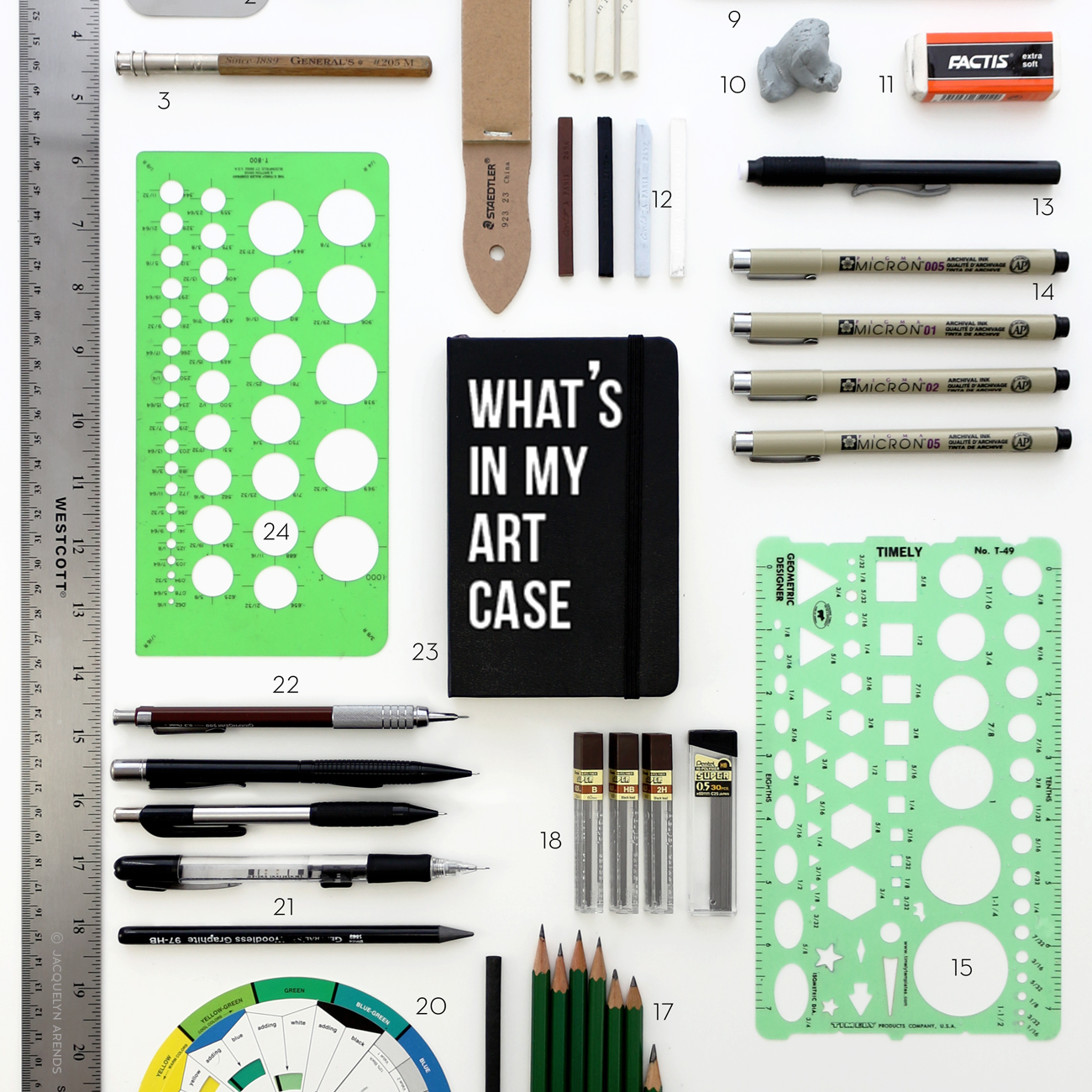 Styled flat lay image of art supplies for blog post; © Jacquelyn Arends